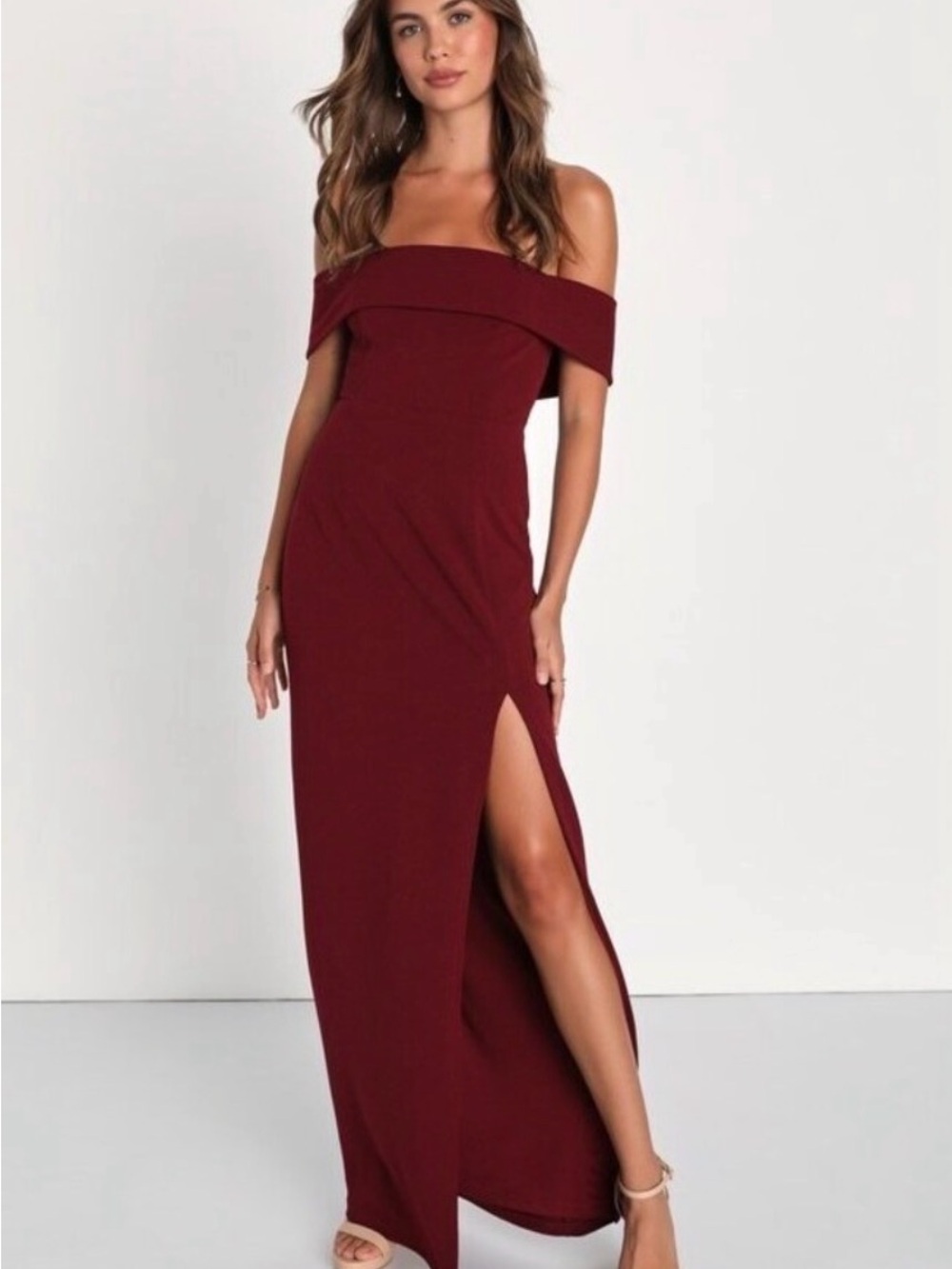 Lulu's Burgundy One-Shoulder Evening Gown with Side Slit